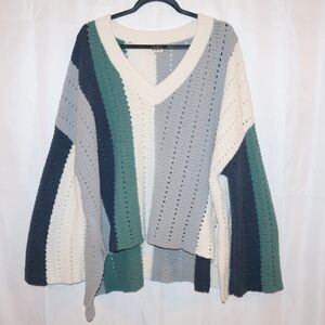 POL Relaxed Oversized V-neck Boxy Knit Sweater-Green, Gray, White, & Blue. L.